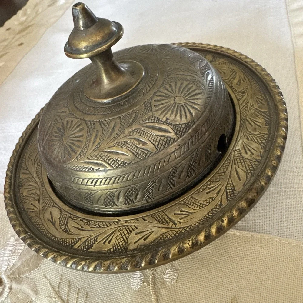 Vintage Handcrafted Engraved Brass Butter Dish With Lid ~ Made In India ~ Patina